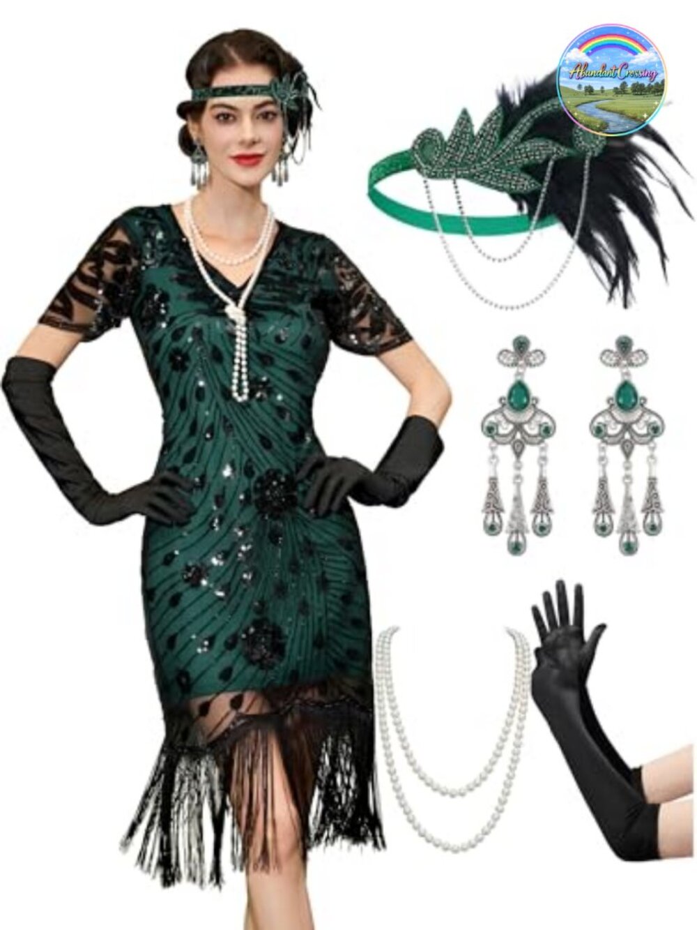 1920s Flapper Dress with Fringe & Accessories Set Roaring 20s V-Neck Gatsby